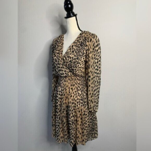 Rebecca Taylor Leopard Print Long Sleeve Plunged Neckline Mini Dress - Picture 5 of 16